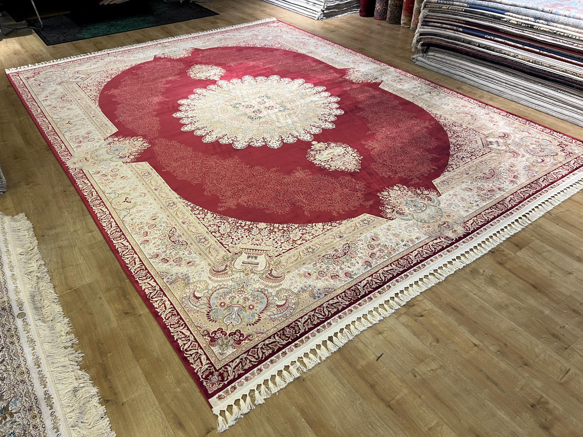 Red Bamboo Silk Rug 10x13 ft, Large Luxury Area Rug with Medallion Design
