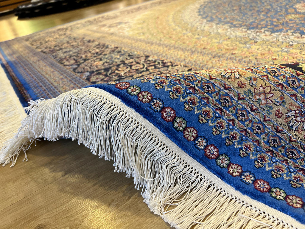 Bamboo Silk Rug 10x13 ft, Large Luxury Area Rug with Blue Medallion Design