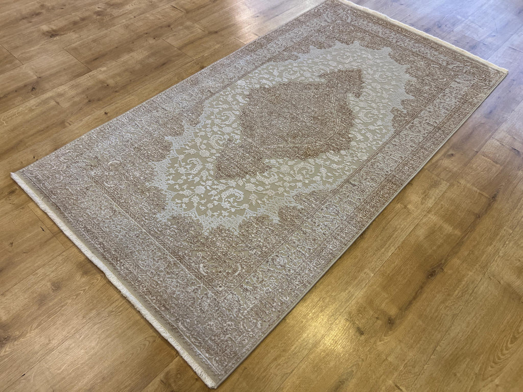 Beige Bamboo Rug with Gold Medallion, 3x5 ft, Turkish Style Small Rug