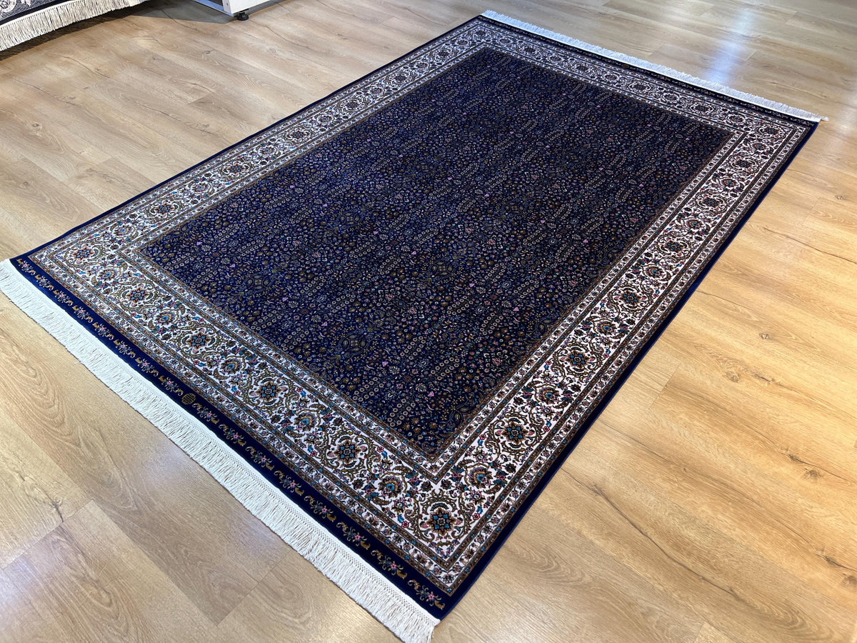 5x8 ft Navy Blue Silk Rug, Floral Border Design, Turkish Style Carpet, Luxury Rug