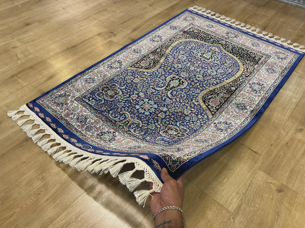Navy Blue Silk Muslim Prayer Rug, Janamaz Mat, Prayer Gift