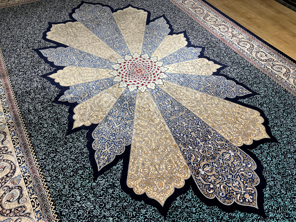 7x10 ft Navy Blue Silk Carpet, Traditional Pattern Rug