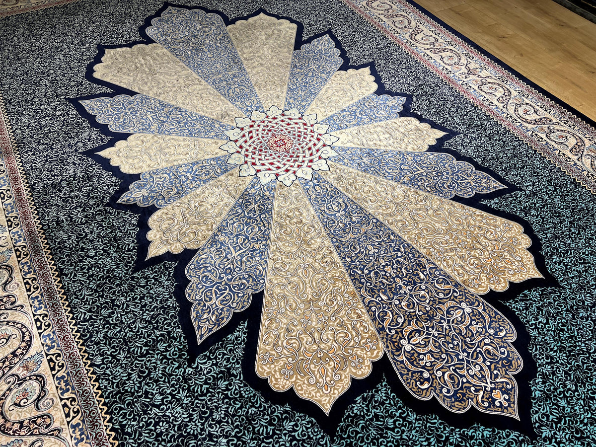 7x10 ft Navy Blue Silk Carpet, Traditional Pattern Rug