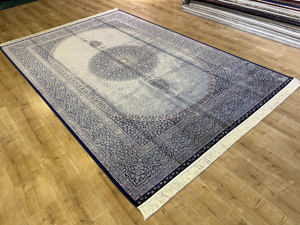 Gray Blue Turkish Silk Rug 7x10 ft, Oushak Style
