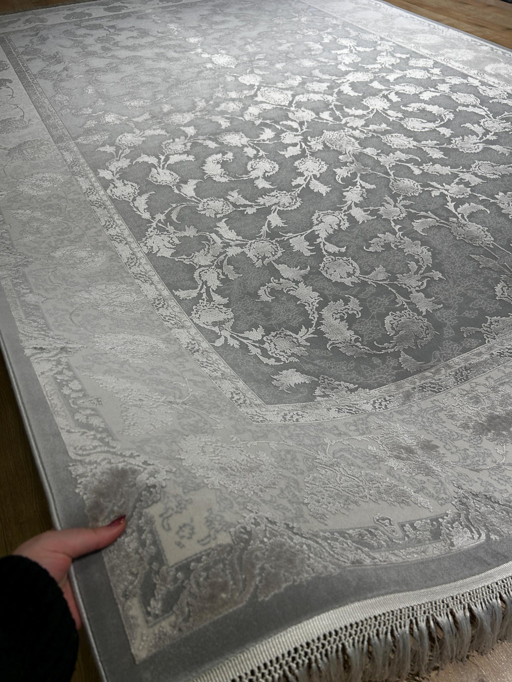 Gray Silk Bamboo Rug, 7x10 ft, Floral Pattern Bordered Turkish Rug