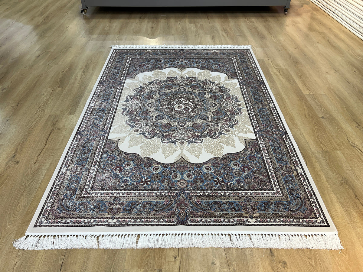 Ivory Blue Silk Rug, Medallion Design Luxury Carpet