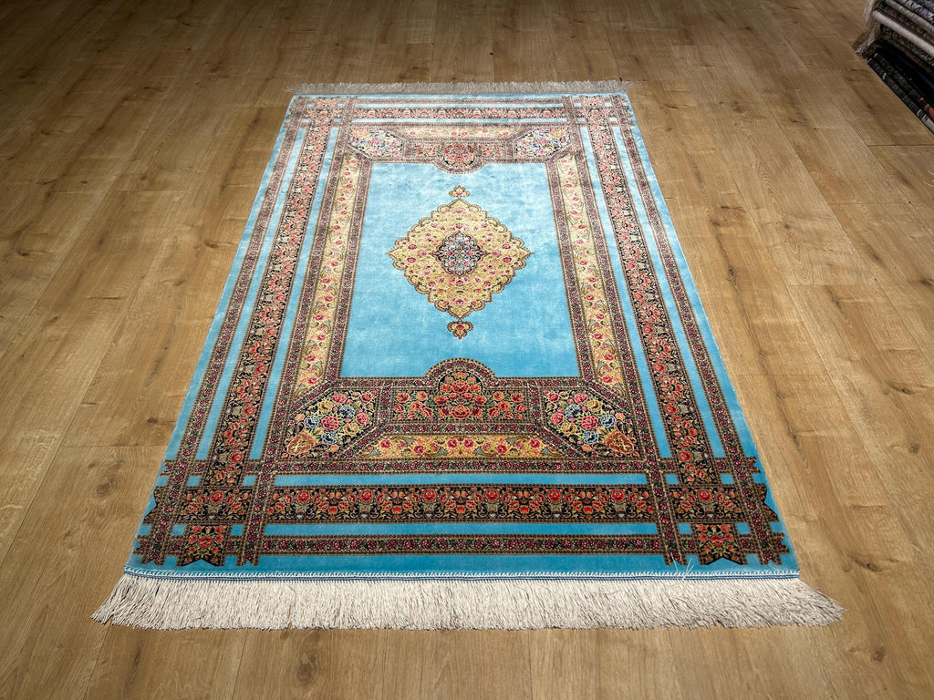Blue Silk Rug, Floral Medallion and Border Design Classic Luxury Silk Carpet