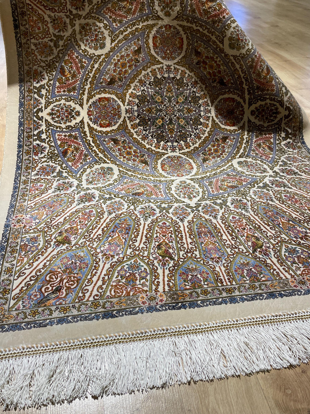 Cream Small Silk Rug, Ornate Medallion Silk Mat, Luxury Home Decor