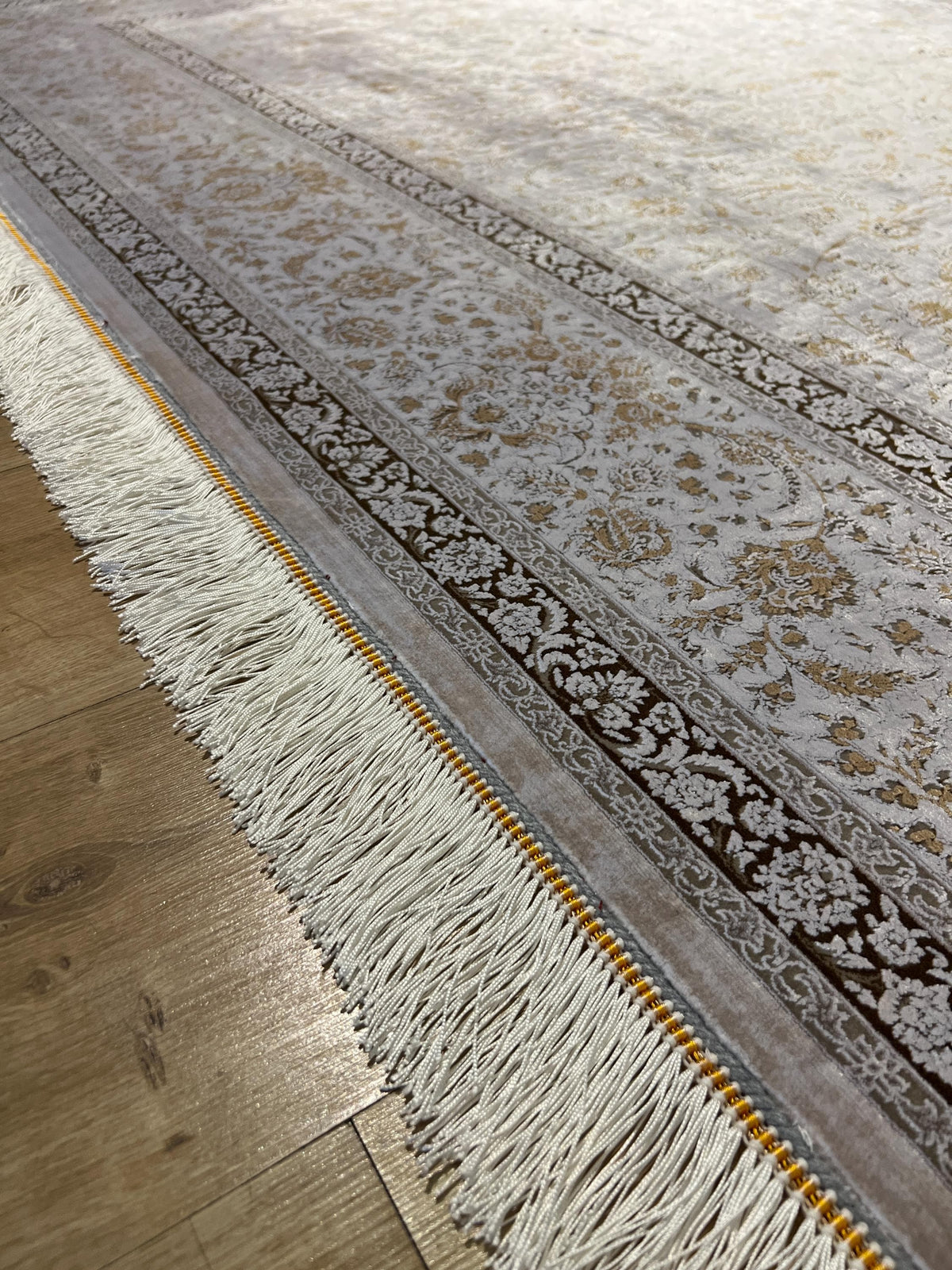 7x10 ft Brown Beige Silk Bamboo Rug, Framed Classic Design, Traditional Style Carpet