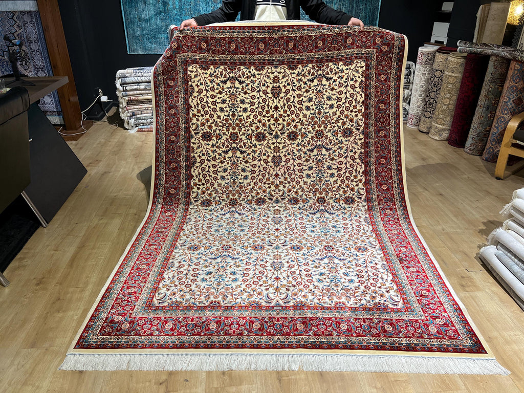 Floral Design Ivory Silk Carpet, Red Border Silk Rug, Home Decor