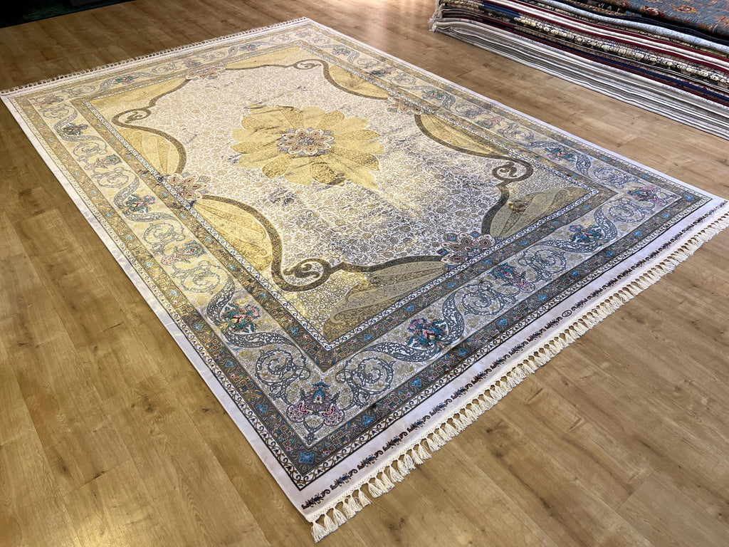 Gold Ivory Modal Silk Rug 8x11 ft, Medallion Design