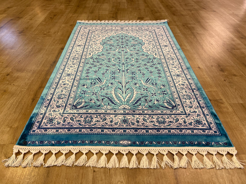Blue Silk Muslim Prayer Rug, Janamaz Mat, Prayer Gift 2.62X4.10 ft