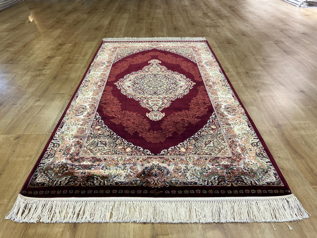 Red Silk Rug with Gold and Green Medallion, 3x5 ft, Classic Small Rug