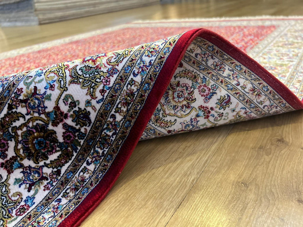 Red Silk Rug, 4x6 Ft, Floral Framed Design, Classic Luxury Area Rug
