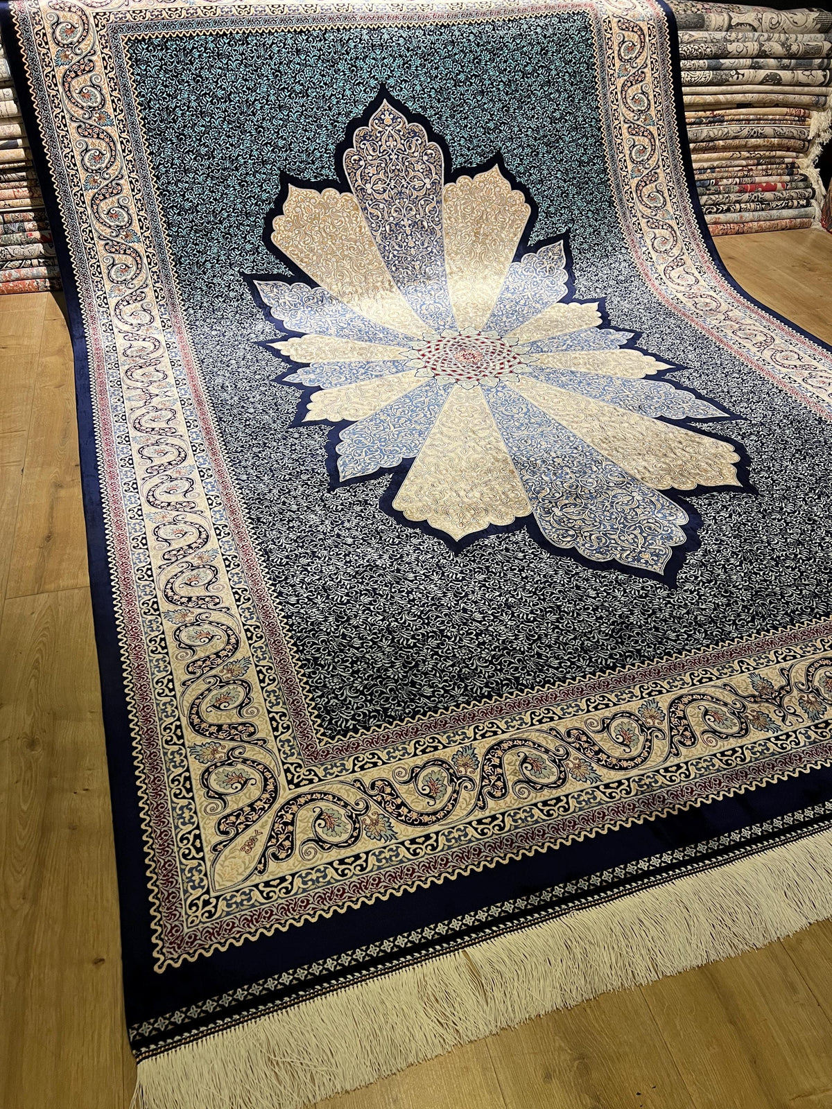 7x10 ft Navy Blue Silk Carpet, Traditional Pattern Rug