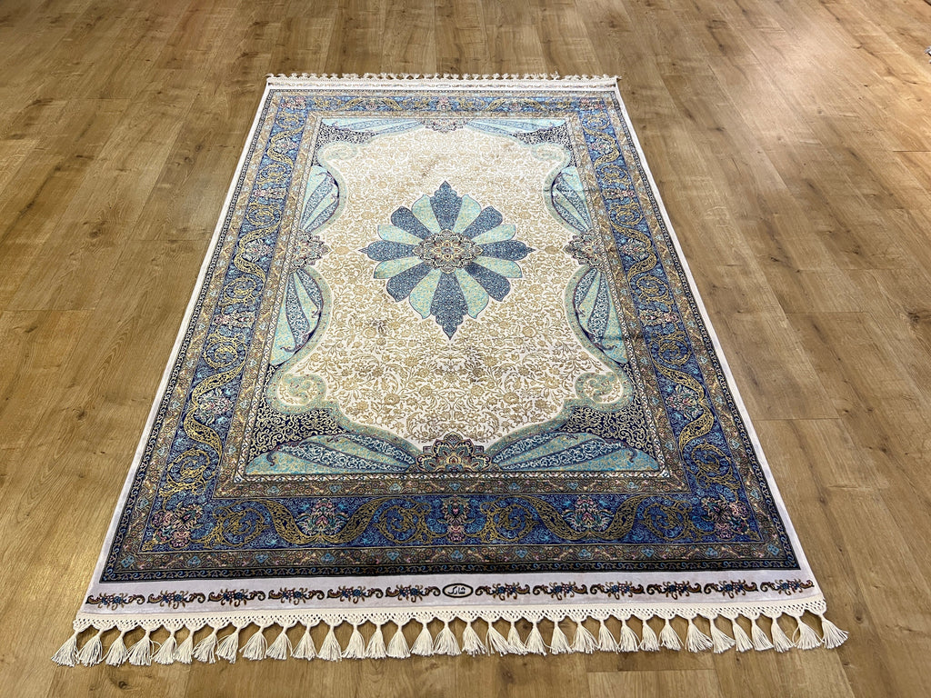 Ivory Silk Rug with Blue Medallion, 4x6 ft, Classic Turkish Style Area Rug