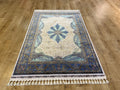Ivory Silk Rug with Blue Medallion, 4x6 ft, Classic Turkish Style Area Rug