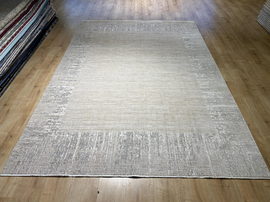Beige Gray Bamboo Rug with Bordered Modern Patterns