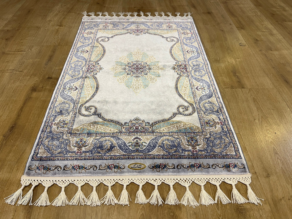 2x3 Ft Gray Silk Rug, Gold And Blue Medallion Pattern, Small Gift Rug, Tapestry