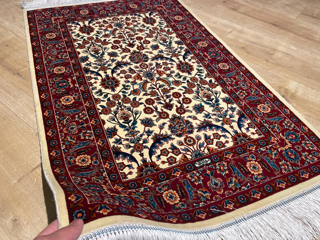 Cream Small Silk Rug, Red Bordered Floral Silk Mat, Luxury Home Decor
