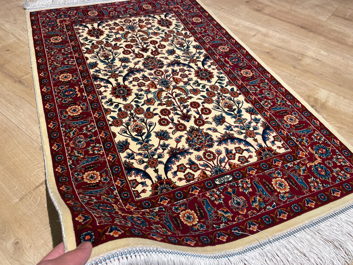 Cream Small Silk Rug, Red Bordered Floral Silk Mat, Luxury Home Decor