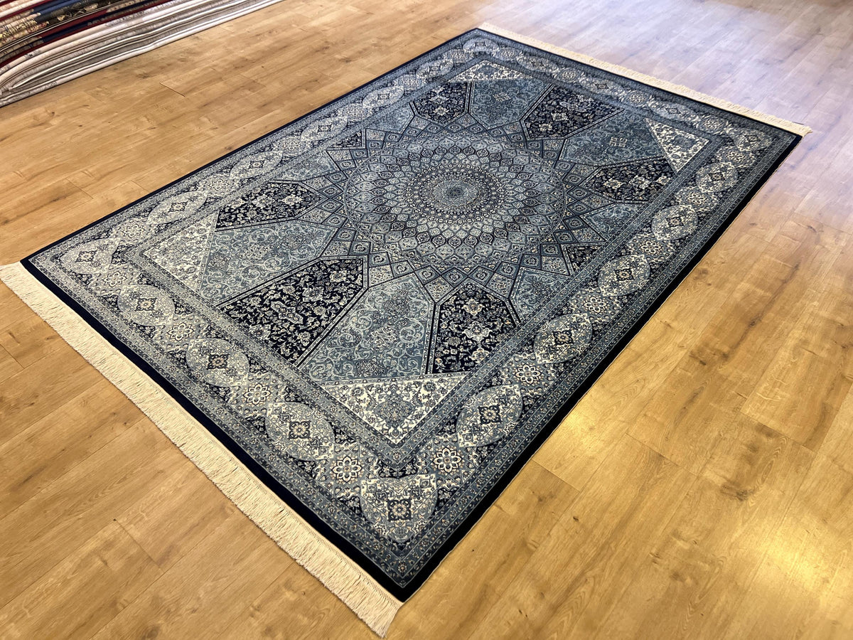 5x8 Silk Rug, Navy Blue White Medallion, Classic Turkish Style, Luxury Carpet