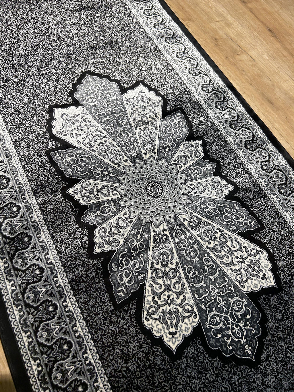 3x10 ft Black Gray Runner Silk Rug, Medallion Design, Classic Luxury Area Rug
