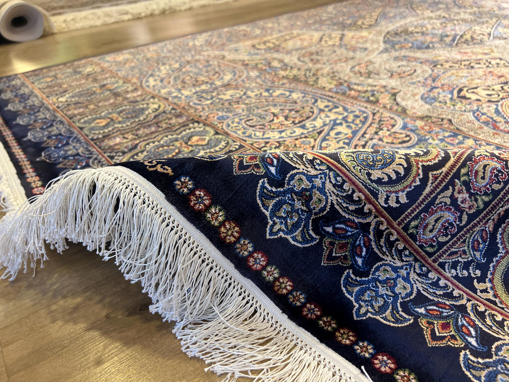 Blue Gold Silk Palace Rug, 8x11 ft, Traditional Turkish Carpet