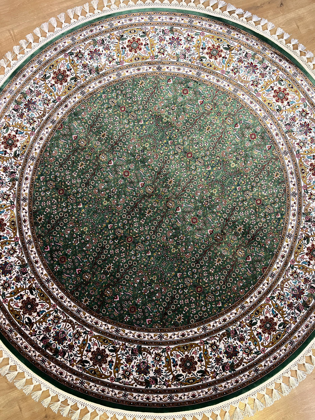 Green Beige Silk Circle Rug, Turkish Carpet, 5.24 ft