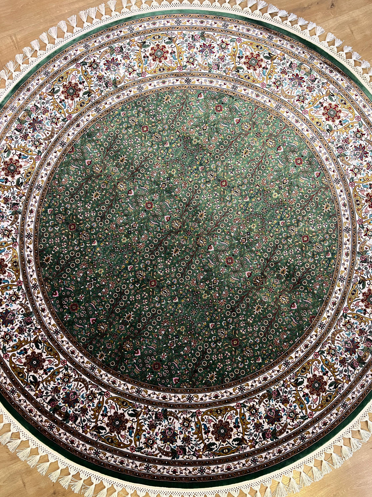 Green Beige Silk Circle Rug, Turkish Carpet, 5.24 ft