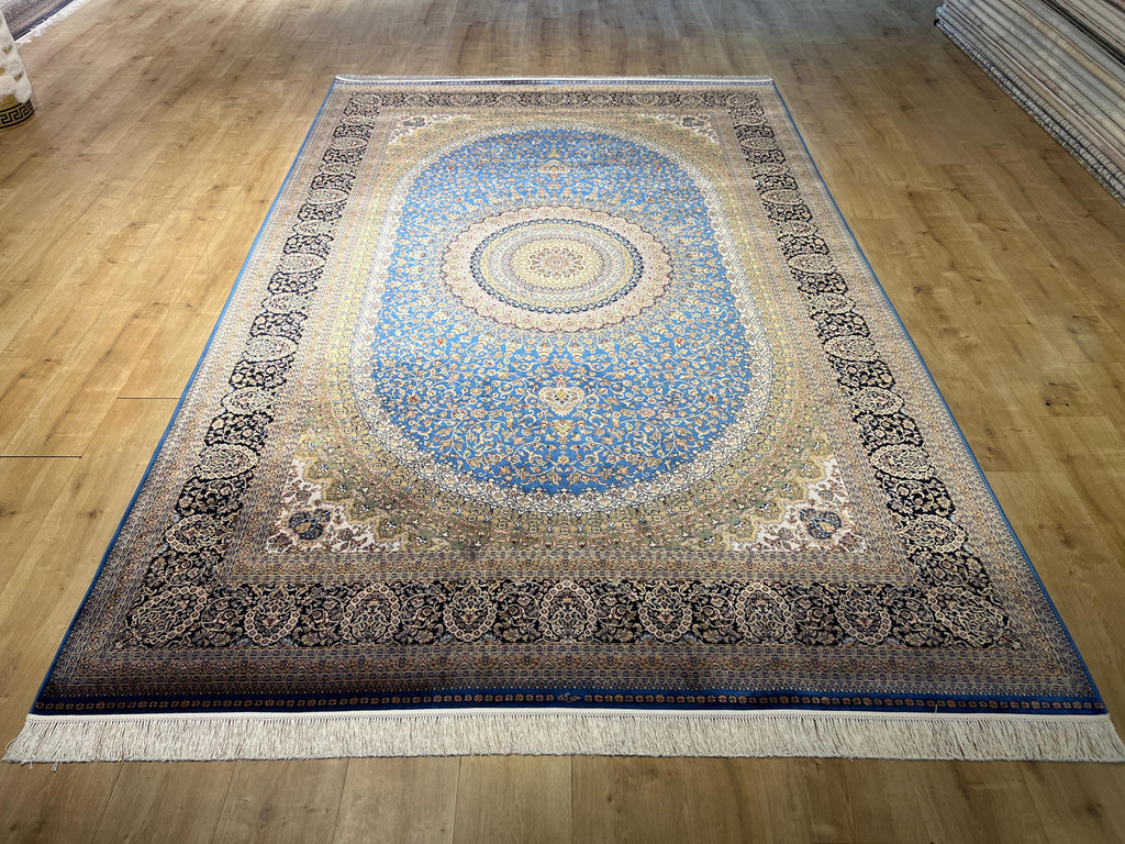Blue Silk Rug 7x10 ft, Medallion Design Classic Turkish Carpet