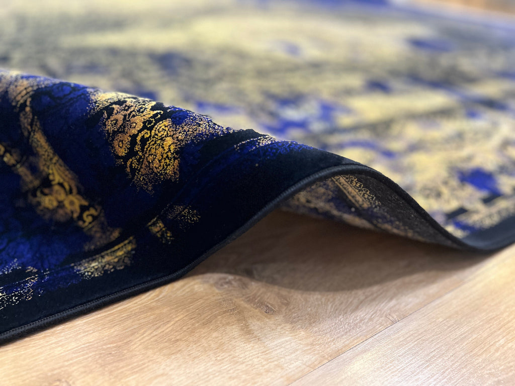 7x10 ft Navy Blue Silk Rug, Antique Distressed Pattern Gold Medallion, Classic Design