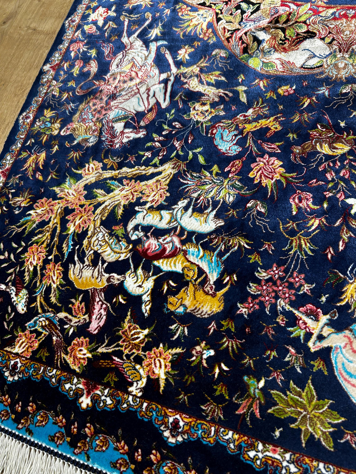 Blue Decorative Silk Tapestry Rug With Art Motifs, Floral Design