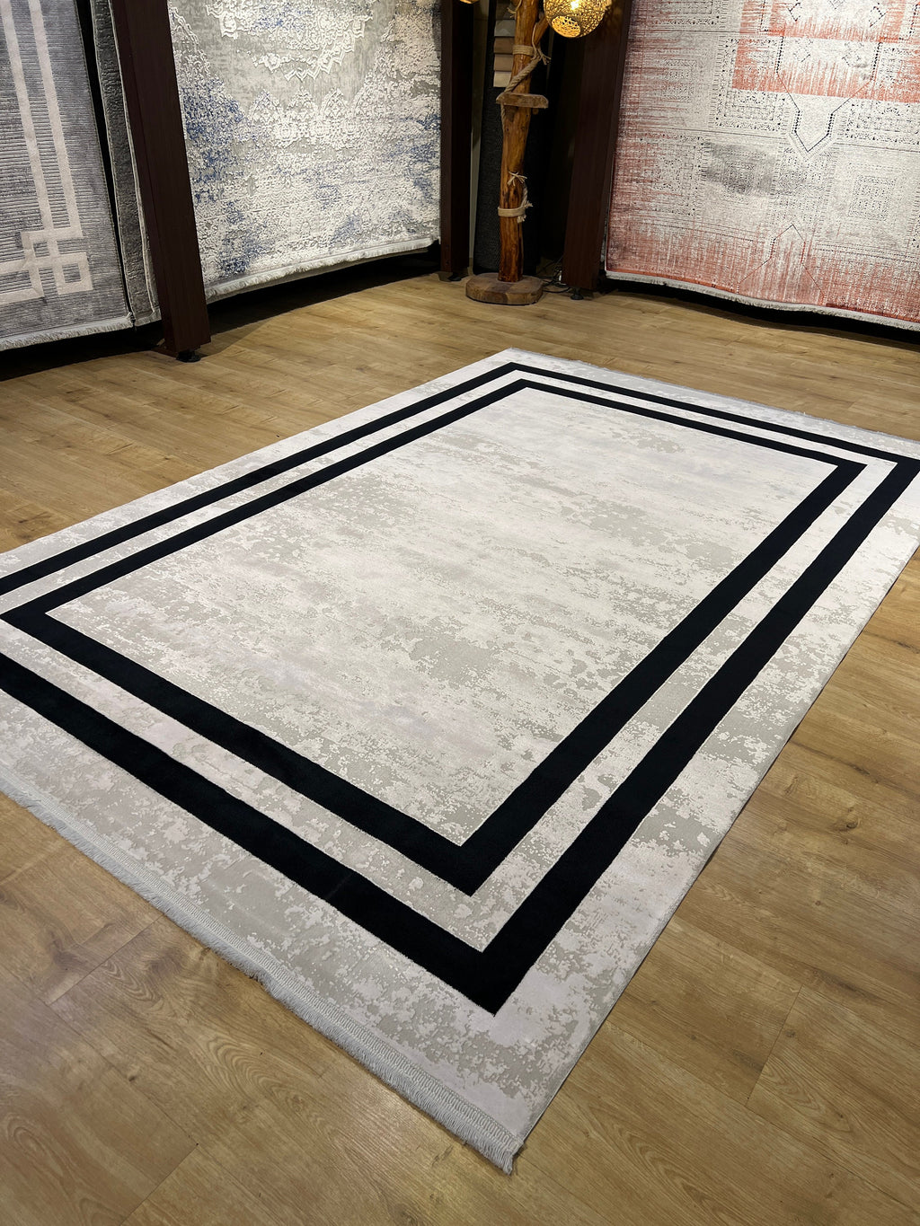 5x8 ft Gray and Black Bamboo Area Rug, Modern Turkish Carpet