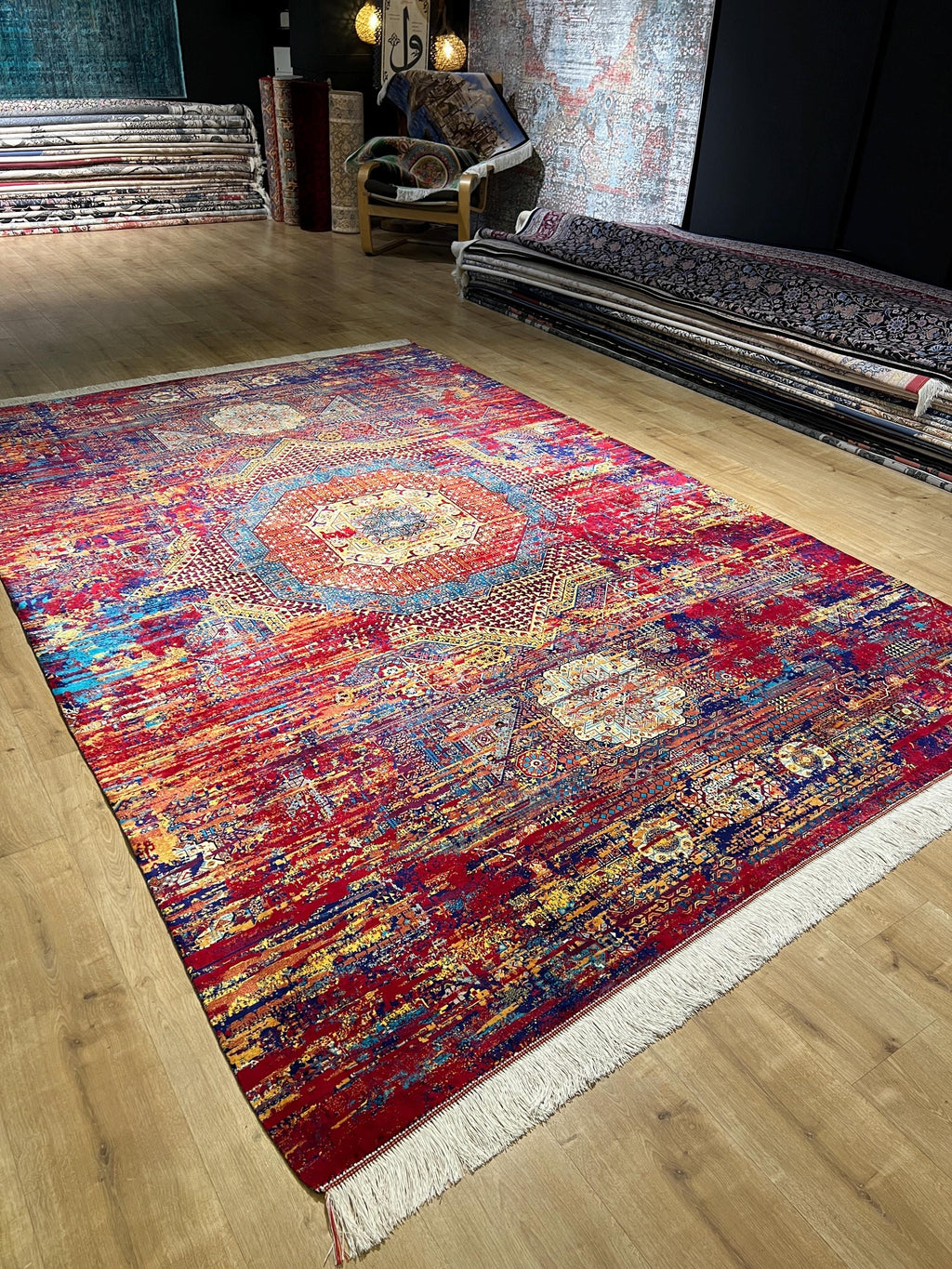 7x10 Ft Red Blue Colourful Silk Rug, Luxury Medallion Design, Traditional Pattern