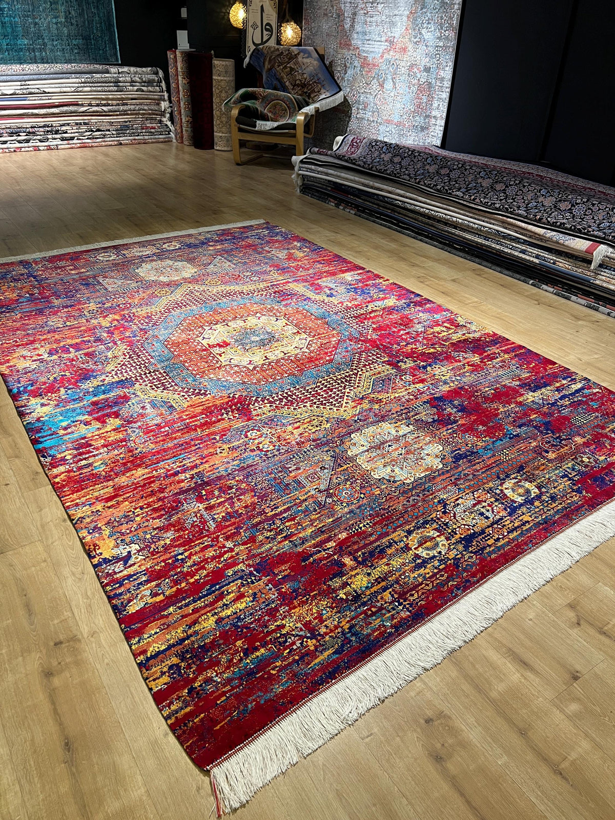 7x10 Ft Red Blue Colourful Silk Rug, Luxury Medallion Design, Traditional Pattern