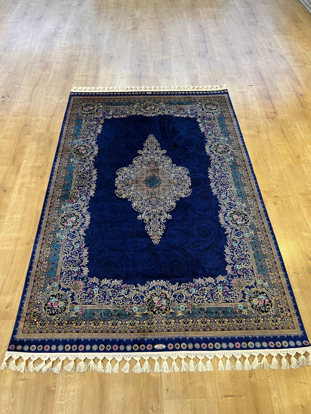 Navy Blue Silk Rug with Gold Floral Patterns, 4x6 ft, Classic Medallion Area Rug