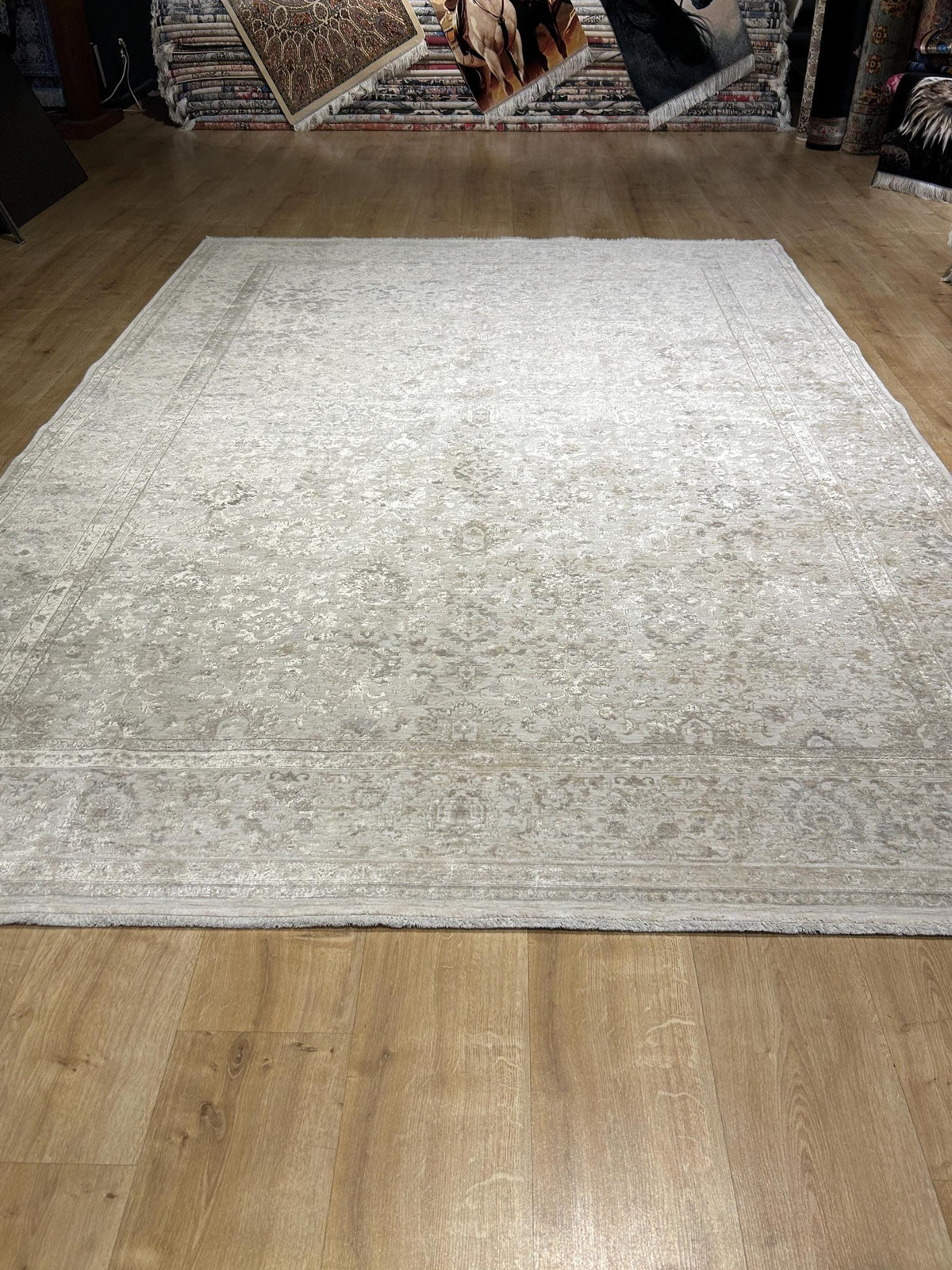 Gray Beige Floral Bamboo Rug with Ethnic Modern Patterns