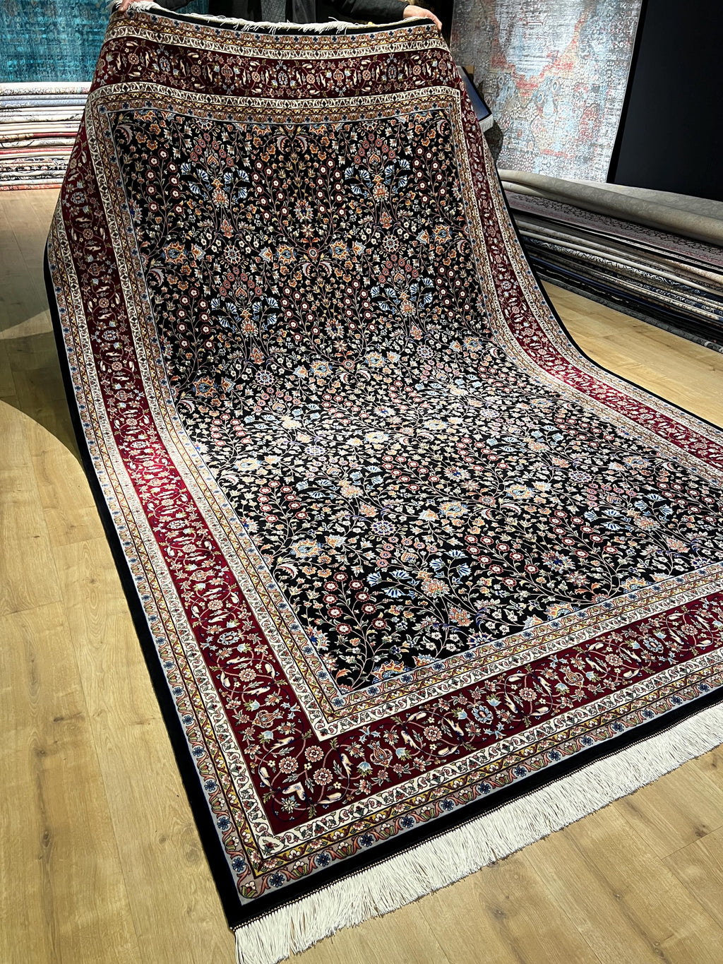 7x10 Ft Black Traditional Silk Rug With Red Border, Floral Classic Design