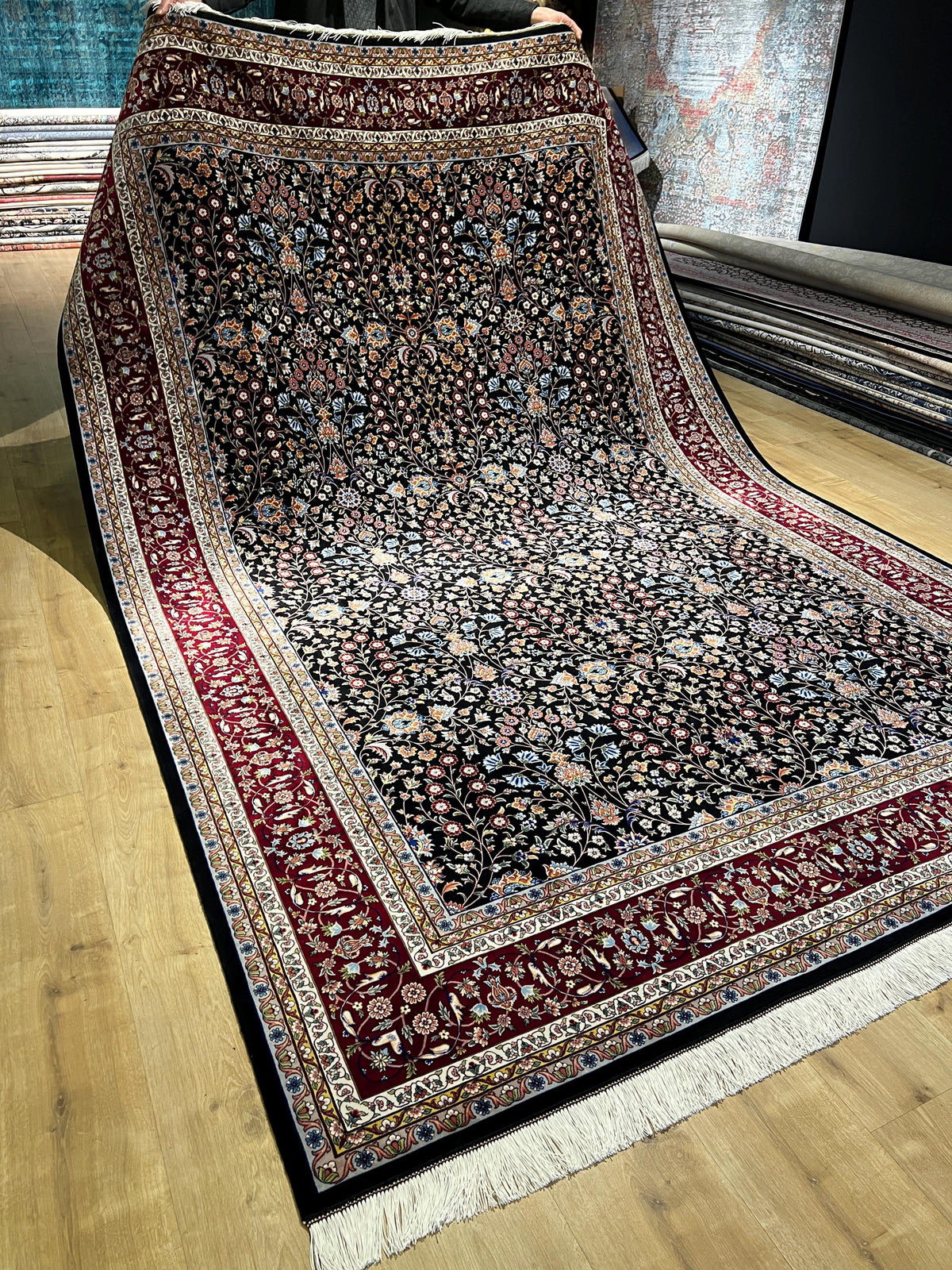 7x10 Ft Black Traditional Silk Rug With Red Border, Floral Classic Design