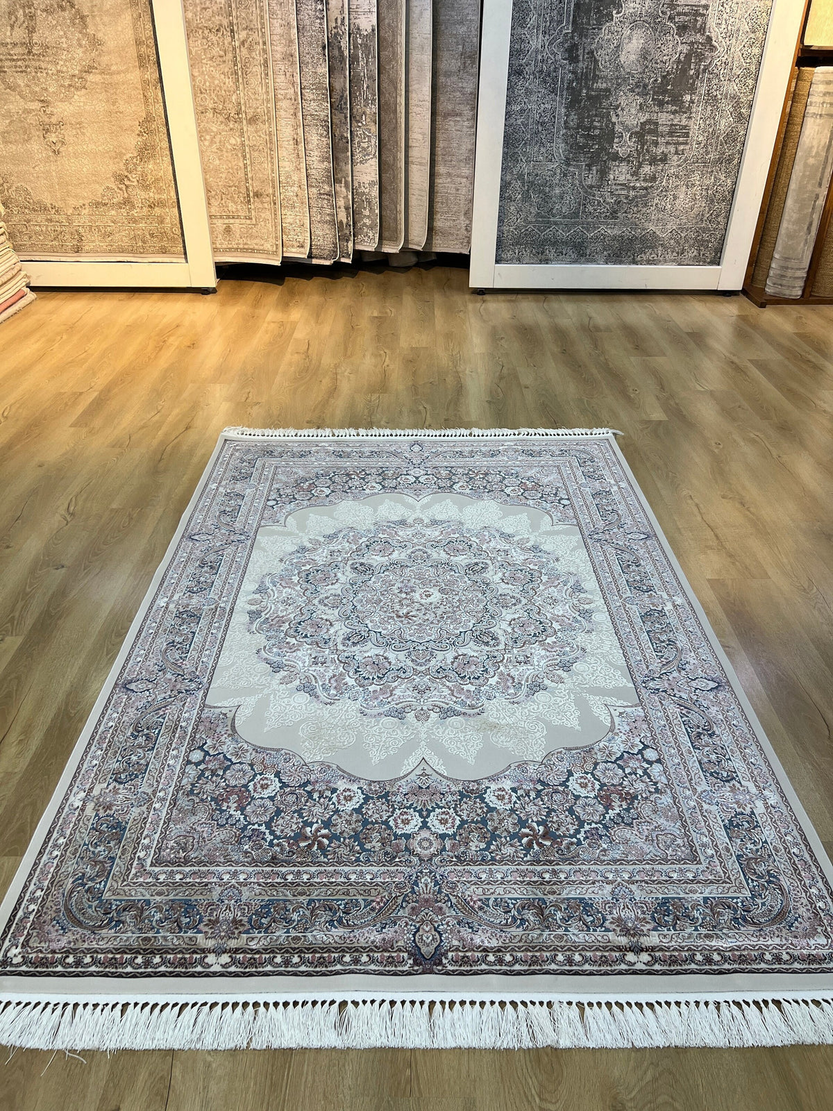 Ivory Blue Silk Rug, Medallion Design Luxury Carpet