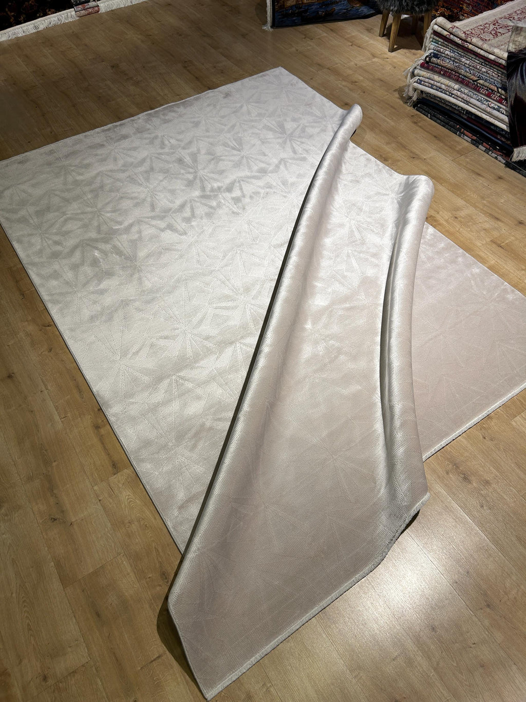 7x10 ft Ivory Cream Bamboo Rug, Geometric Striped Modern Area Rug