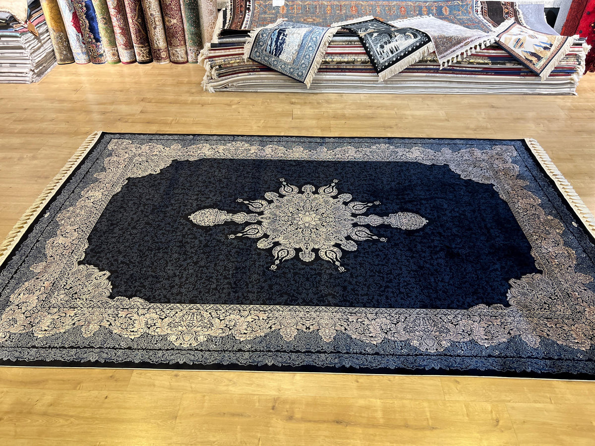 8x11 ft Navy Blue Modal Silk Rug, Traditional Style Carpet