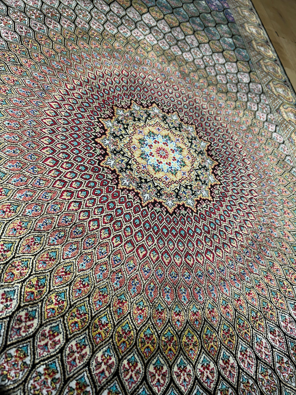 Blue Gold Silk Runner Rug, Medallion Peacock Tail Design Rug, Traditional Carpet