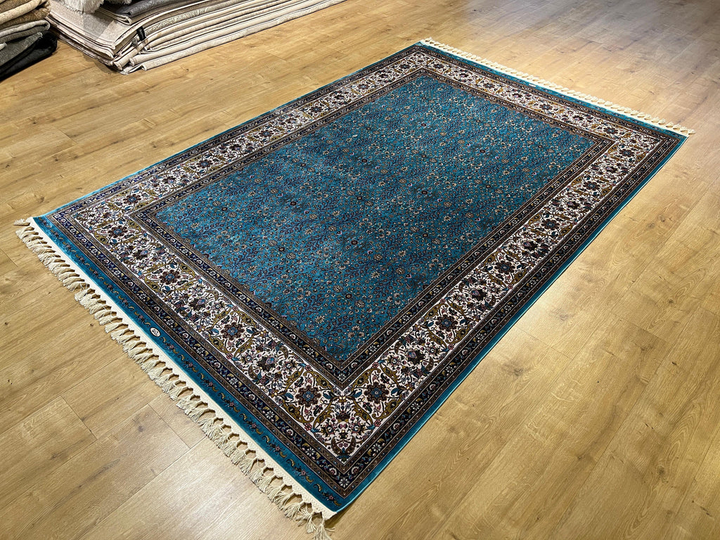 Blue Silk Rug, Floral Border Design, Turkish Style Carpet, Luxury Rug