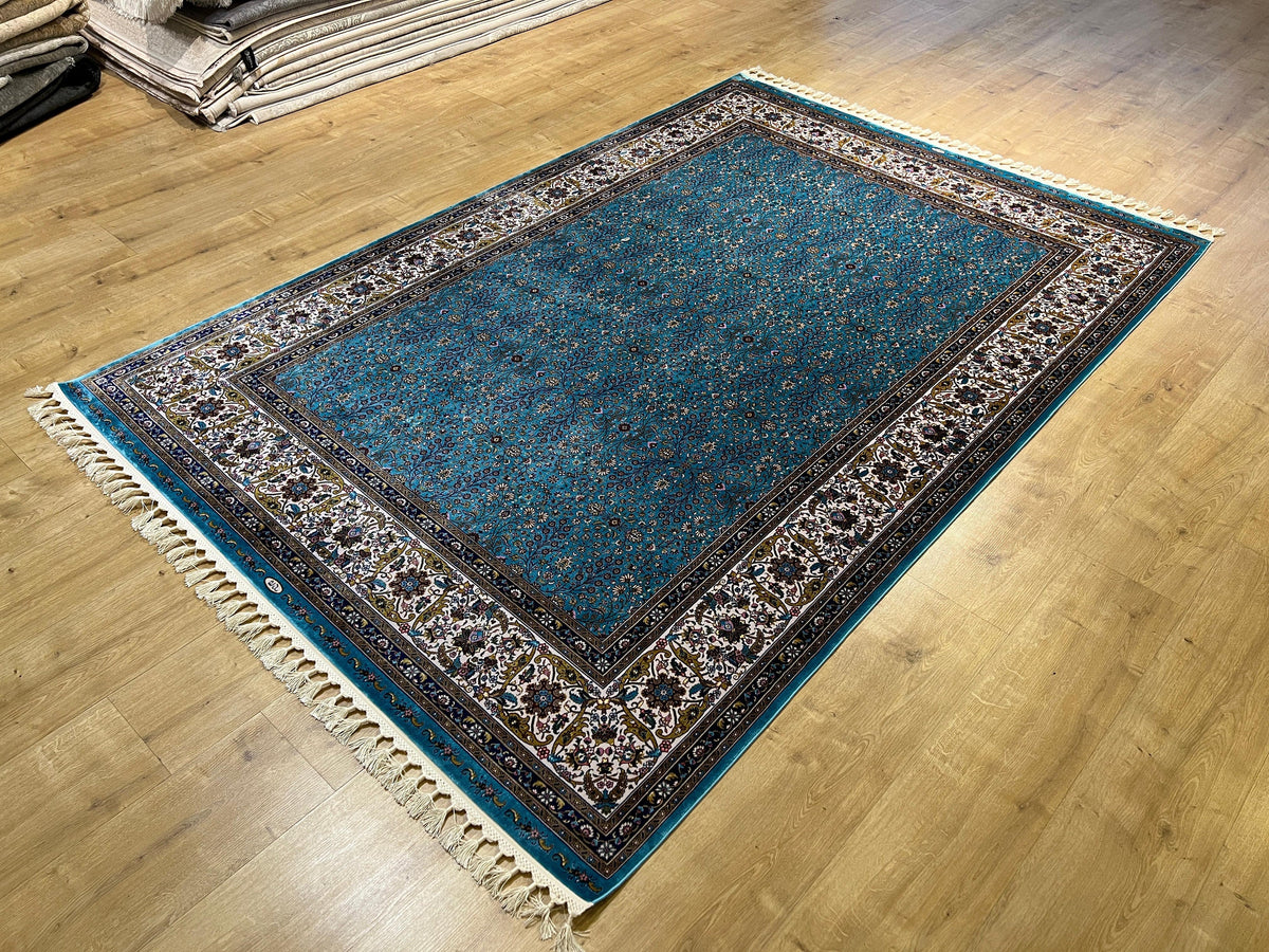 Blue Silk Rug, Floral Border Design, Turkish Style Carpet, Luxury Rug