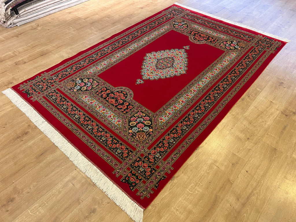 Floral Silk Rug, Floral Medallion and Border Design Classic Luxury Carpet