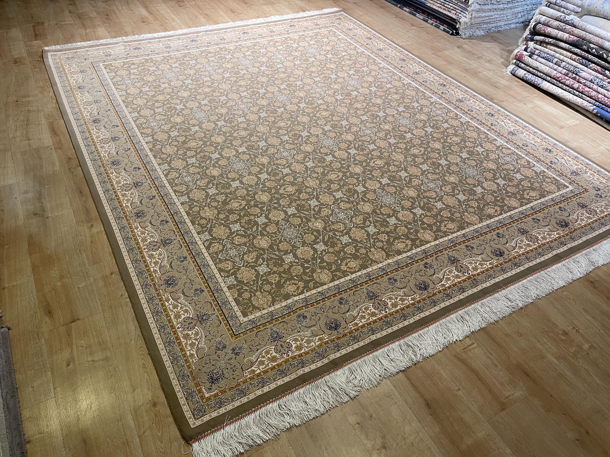 Beige Silk Rug, Cream Floral Design With Elegant Border, Luxury Area Rug