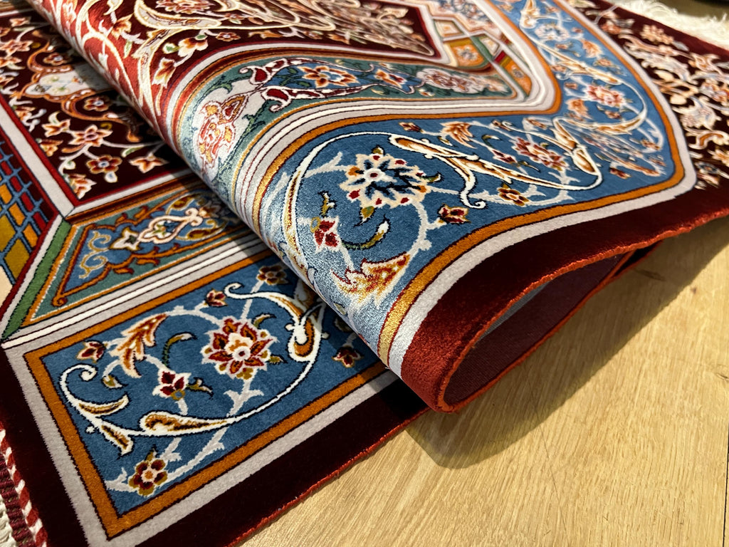 2.62x4.10 Ft Red Blue Silk Prayer Rug With Floral Design, Muslim Gift Prayer Mat