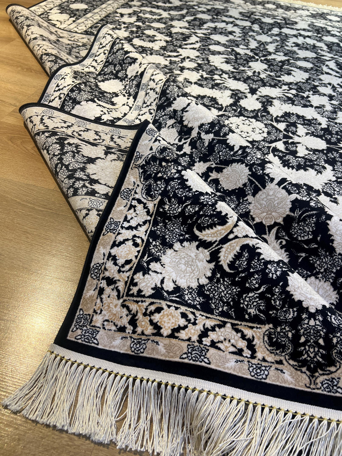 Black Classic Silk Rug with Gold Floral Motifs, Luxury Silk Carpet